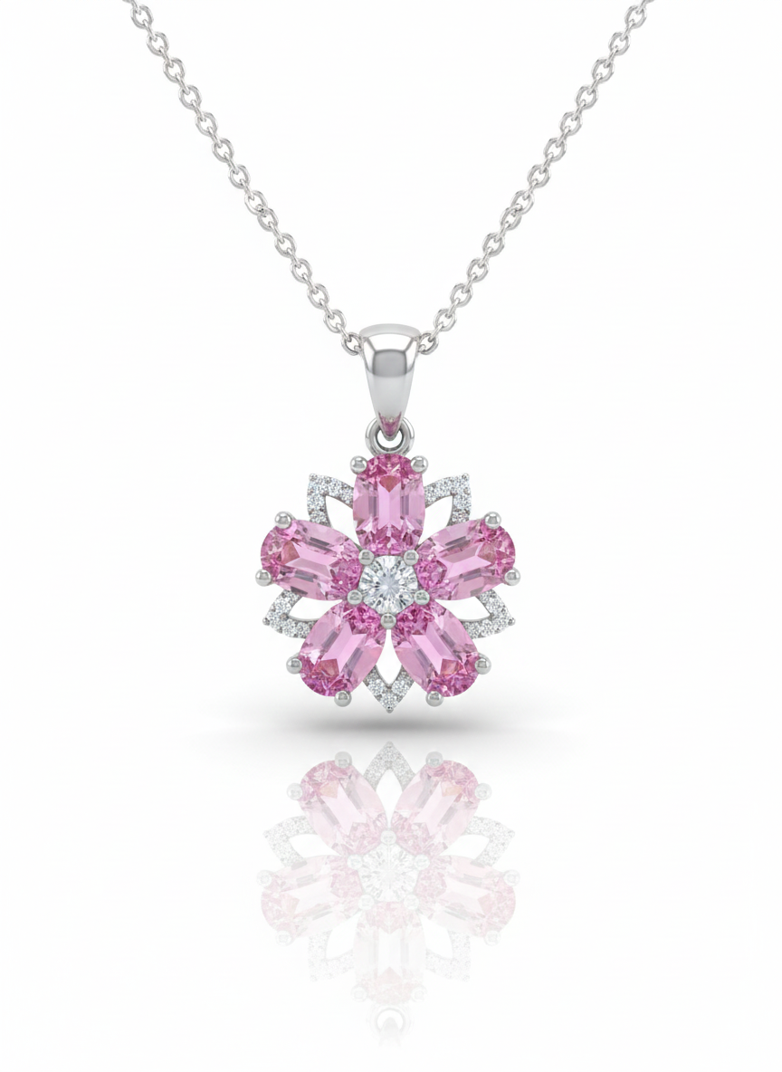 A sterling silver necklace with a flower-shaped pendant on a white background. The pendant features six oval-cut pink gemstones for petals, a central white diamond, and small accent diamonds, with a soft reflection below.
