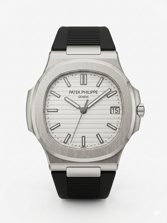 Patek Philippe Nautilus Luxury Sport Watch (White Dial & Black Rubber Strap)