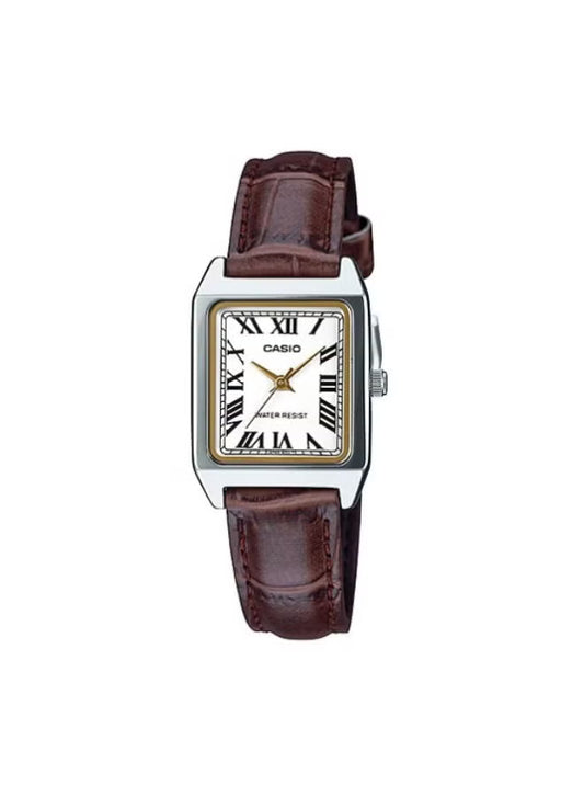 CASIO Women's Rectangular Leather Strap White Roman Dial Watch LTP-V007L-7B2UDF